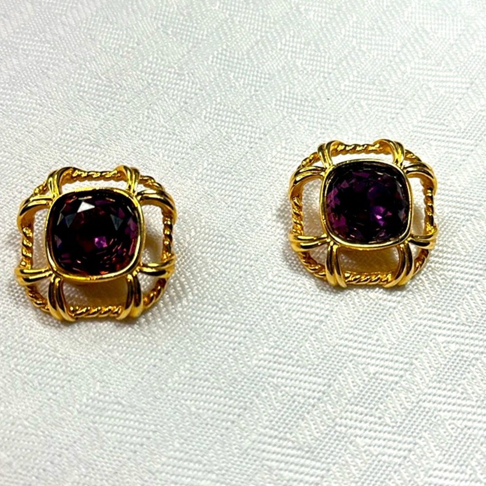 Swarovski Crystals Earrings clip-on vintage amethyst gold rope trim
